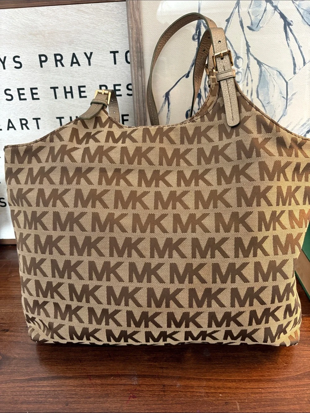 MICHAEL KORS Jacquard Monogram Jet Set MK Tote with Gold Charm Brown - Picture 4 of 14